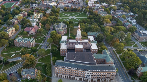 Aerial photo of Baker-Berry Library and Dartmouth Green.